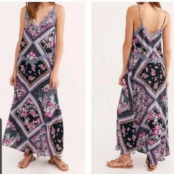Free People Stevie Floral Lace Trim Maxi Dress Black Multicolor Boho Y2K Size M - Picture 1 of 10